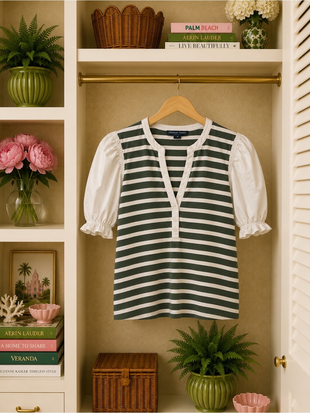 Veronica Beard Striped Peplum Olive Green Tee